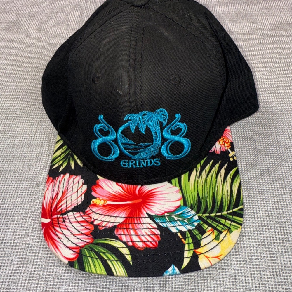 Otto 808 Grinds Snapback Hat Black Tropical Hibiscus Floral Brim Mens OSFM